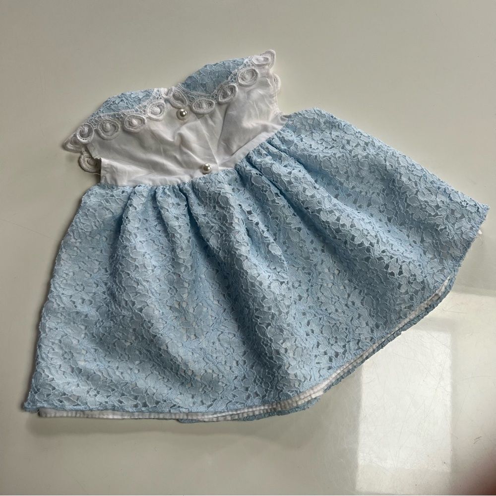 Dainty Vintage 1990s Baby Blue Lace Collared Pleated Two Tone Pearl Button Dress - Picture 4 of 6